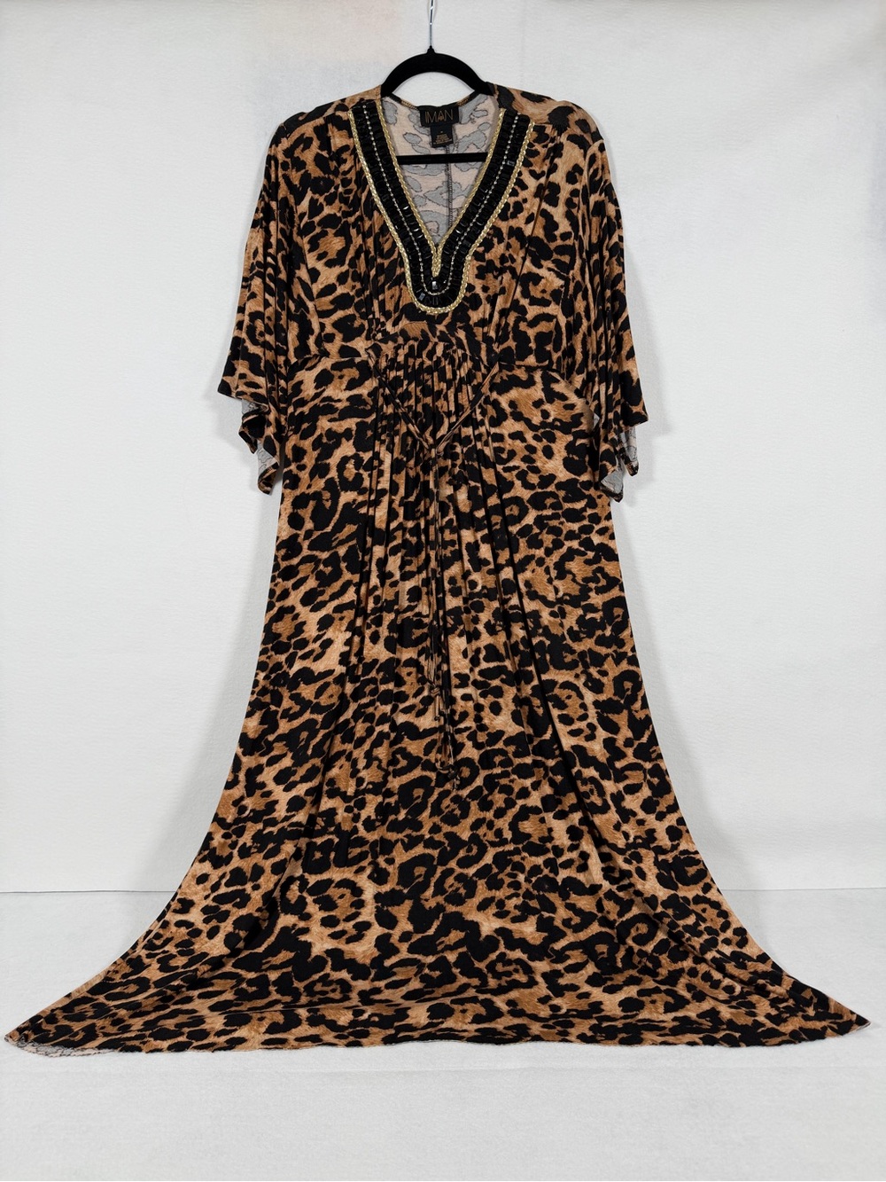 IMAN Leopard Print Maxi Dress in Brown and Black with Beaded V-Neck